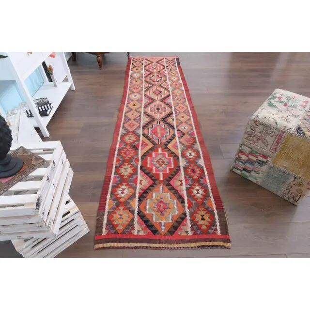 1970s Vintage Turkish Hand-Knotted Wool Cotton Red Runner Rug 83x314