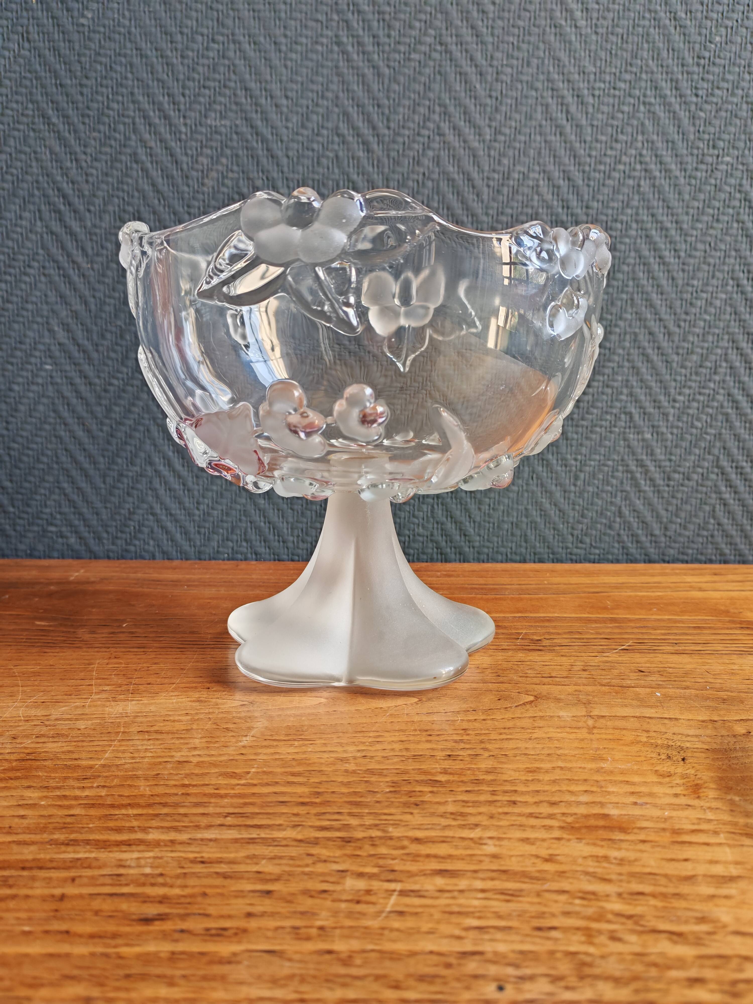 Vintage Frosted Glass Footed Bowl – Relief Decor of Pink Flowers