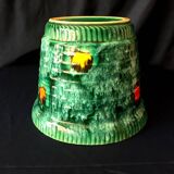 Cache-pot vintage en barbotine poët-laval modèle vannerie vert et touches de couleurs