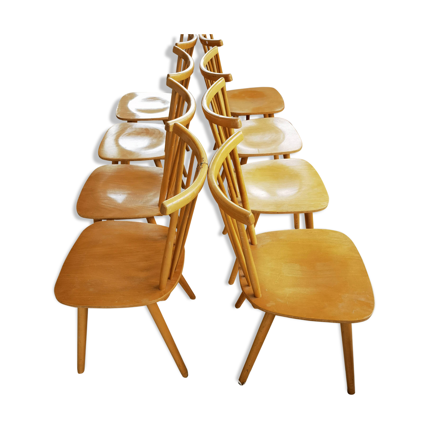 Set of 8 chairs in natural wood, back with 7 bars - tapiovaara type - 1970