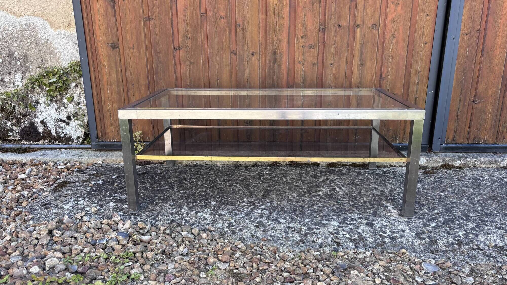 Vintage coffee table glass & chrome metal – Romeo Rega style from the 1970s