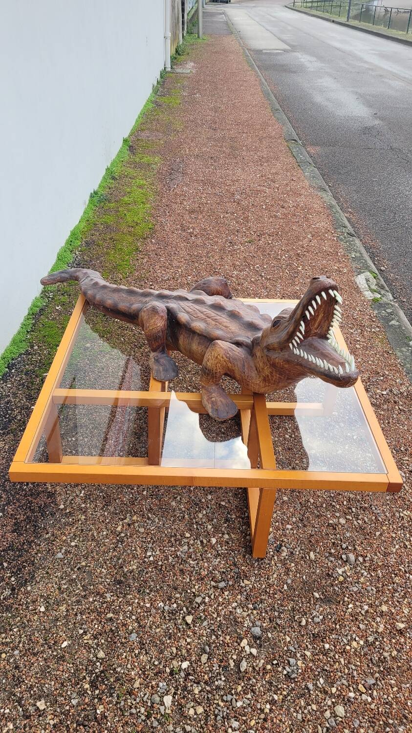 Modernist vintage square coffee table, in wood and old glass
