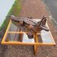 Modernist vintage square coffee table, in wood and old glass