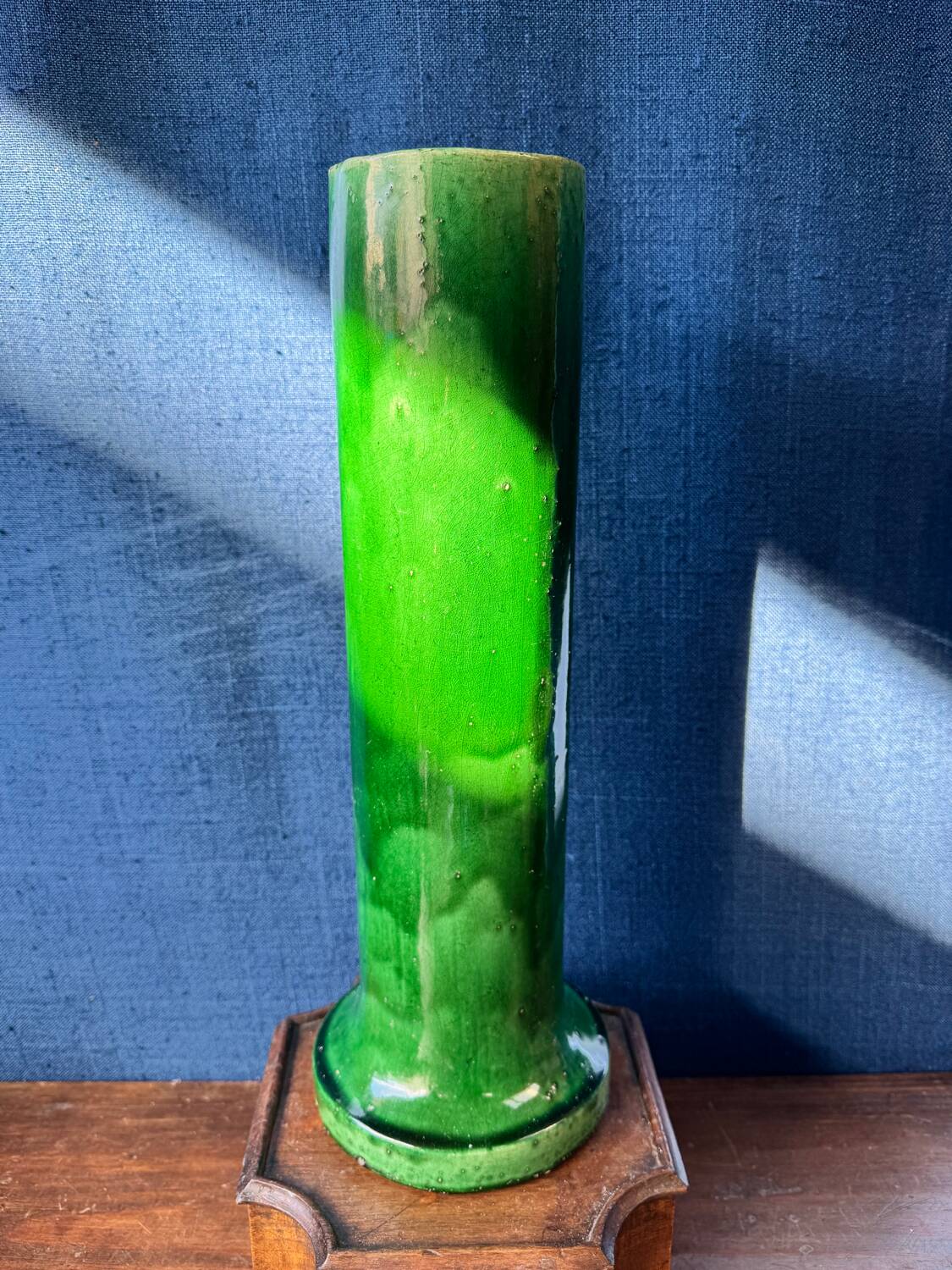 Large Art Nouveau vase in crackled green glazed stoneware – Baluster neck