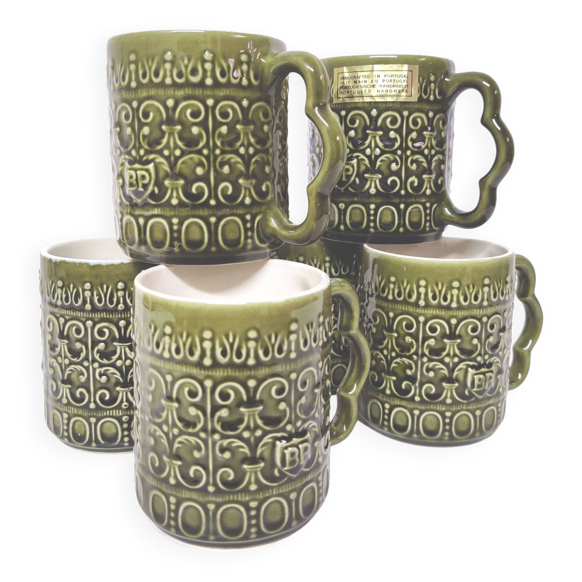 Set of 6 BP mugs in green slip vintage Portuguese ceramic 70s