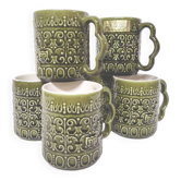 Set of 6 BP mugs in green slip vintage Portuguese ceramic 70s