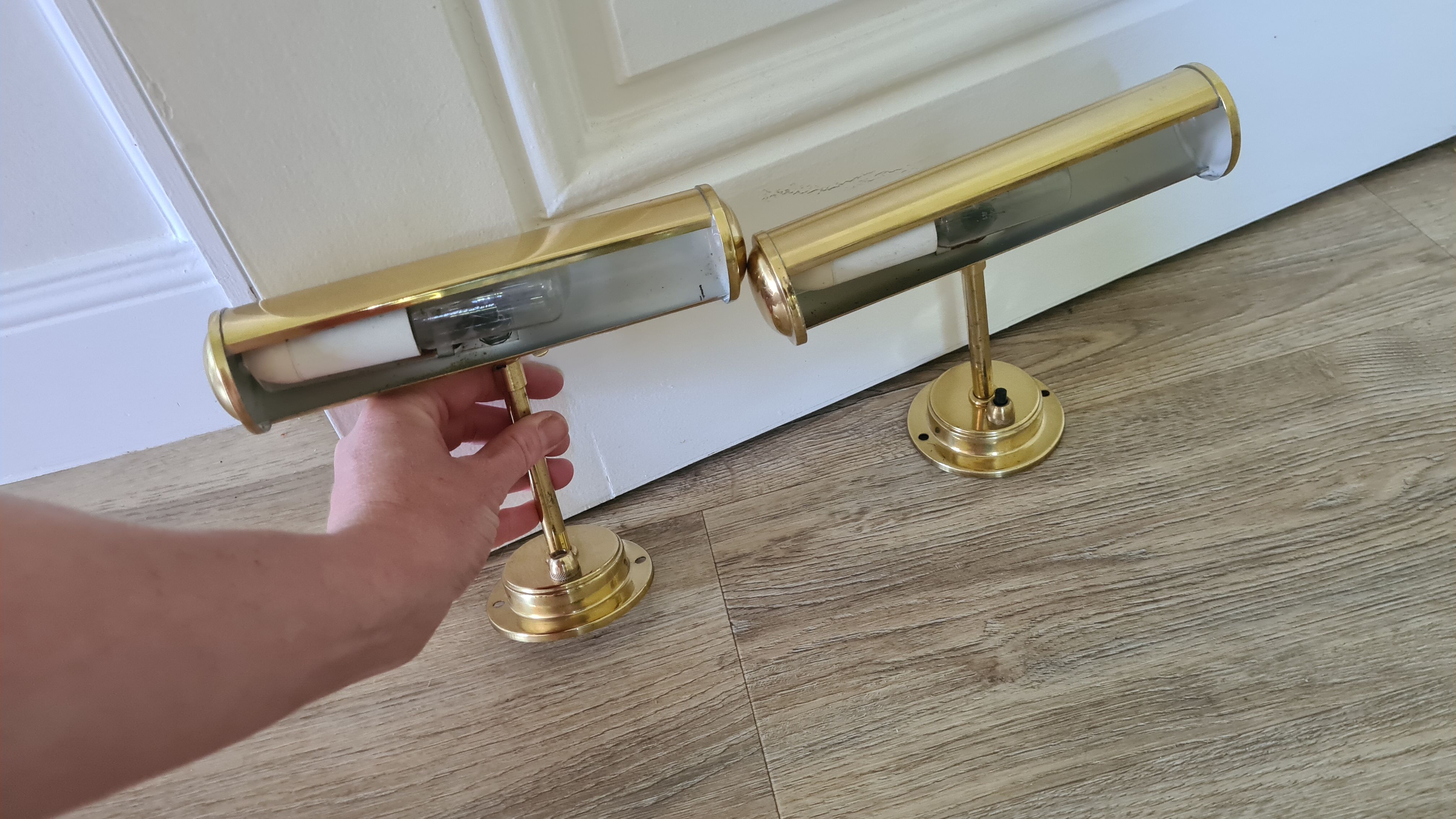 Old pair of gilded brass wall sconces / night lights from the 70s