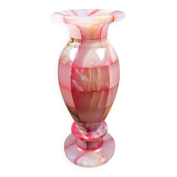 Vintage vase in natural pink stone, type alabaster onyx, marbled and checkered.