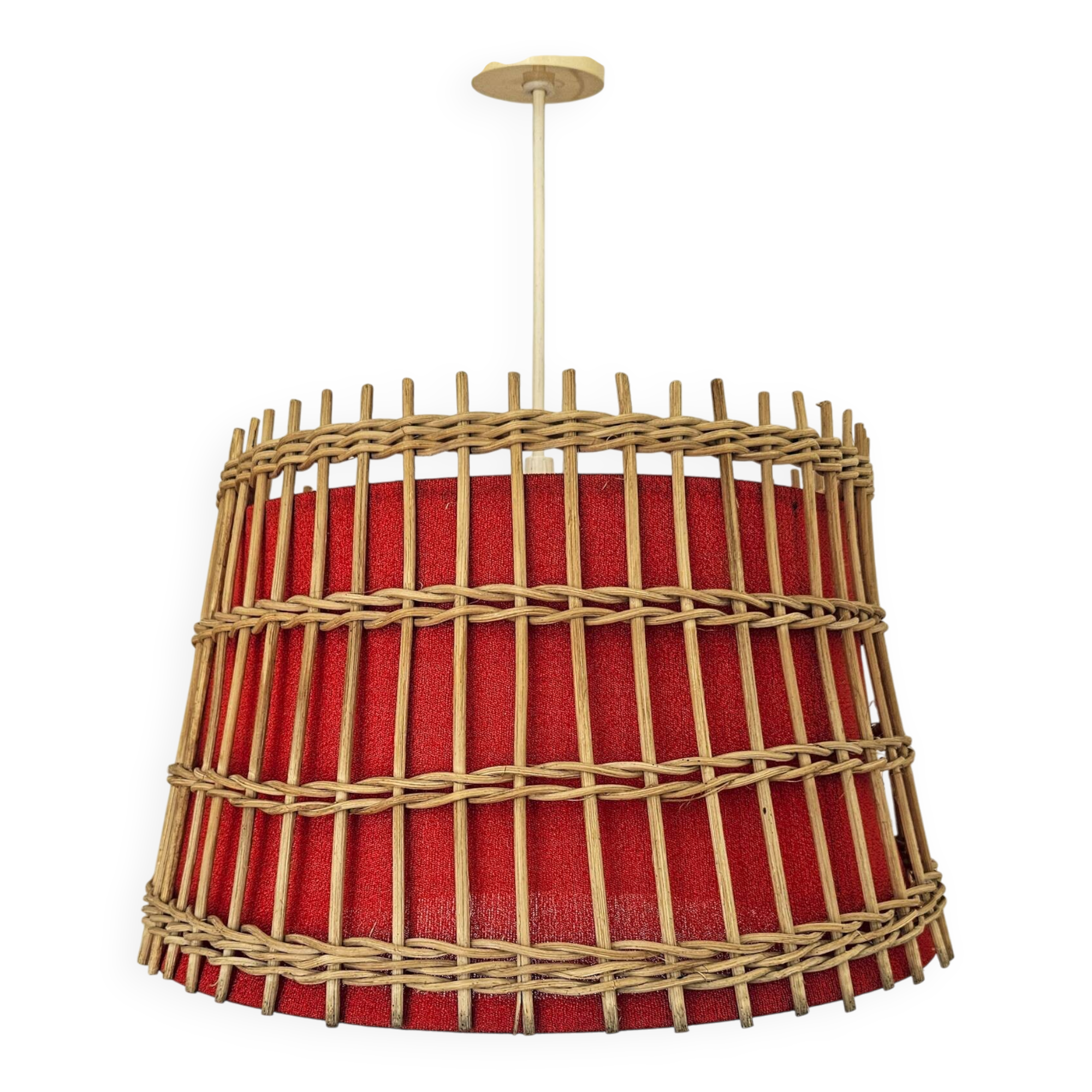 Vintage rattan pendant light - red fabric interior shade from the 60s