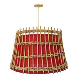 Vintage rattan pendant light - red fabric interior shade from the 60s
