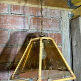 Antique Hexagonal Bamboo Rattan Pendant Light + Vintage Engraved Glass Plates