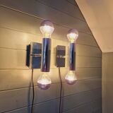 Pair of tubular double-light wall lights in chrome-plated metal, 1970s