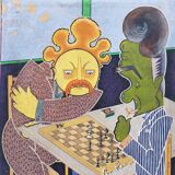 Gouache drawing of cubism chess players signed vintage