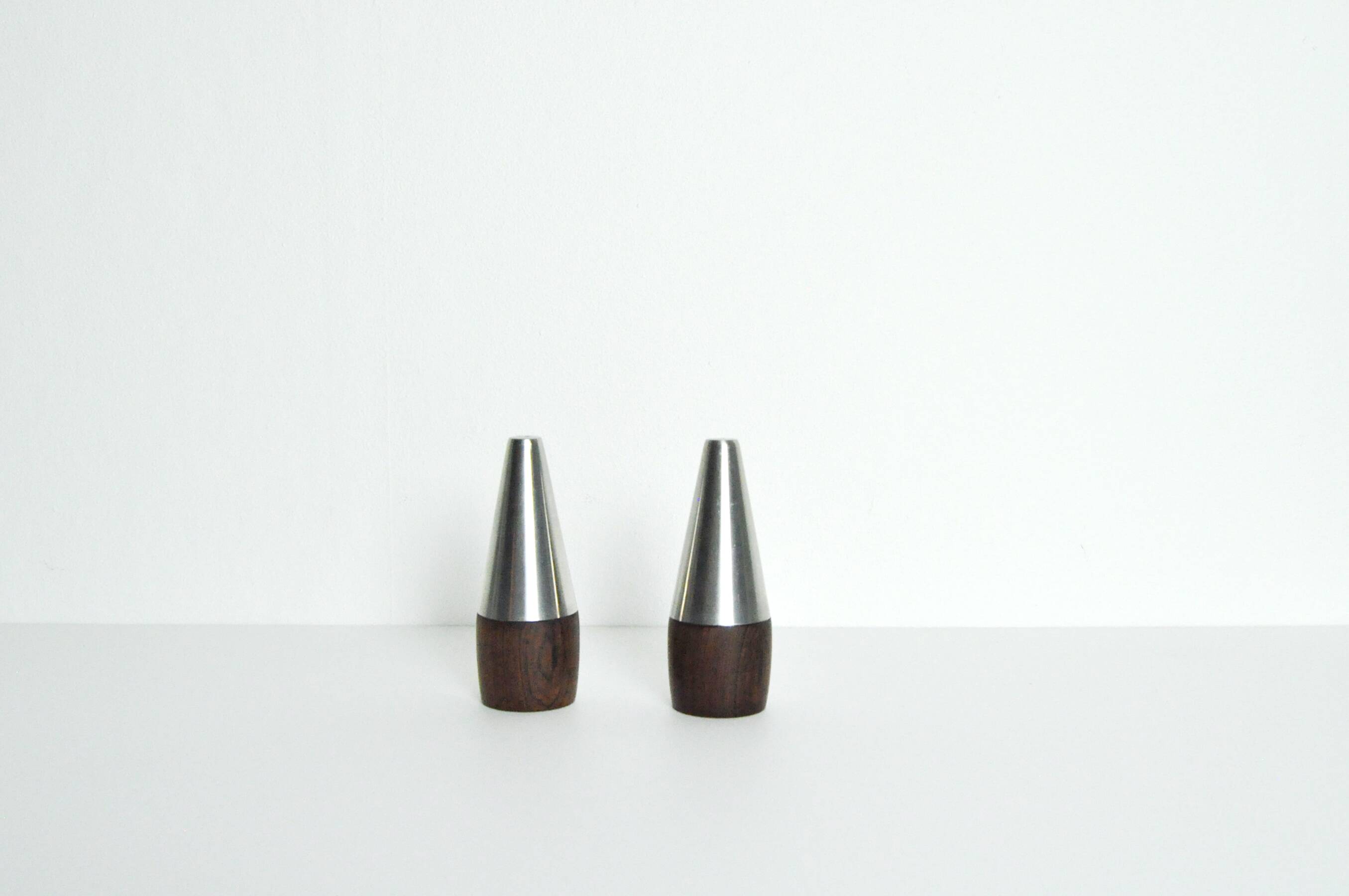 Danish Modern Pair of Rosewood and Stainless Steel Salt and Pepper Shakers