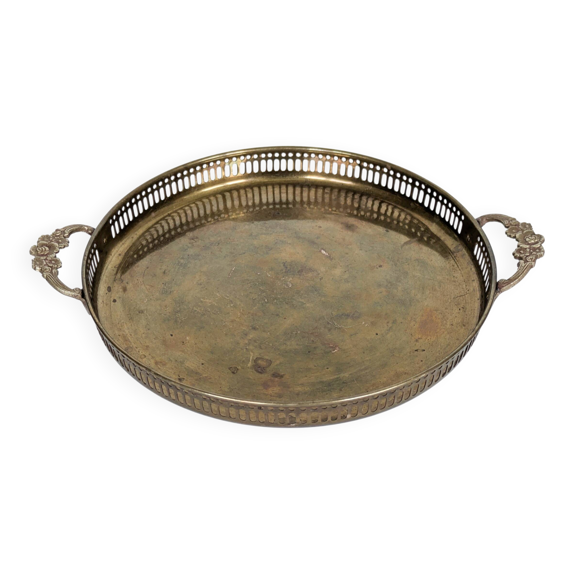 Vintage decorative brass tray, pierced edge and floral handles.