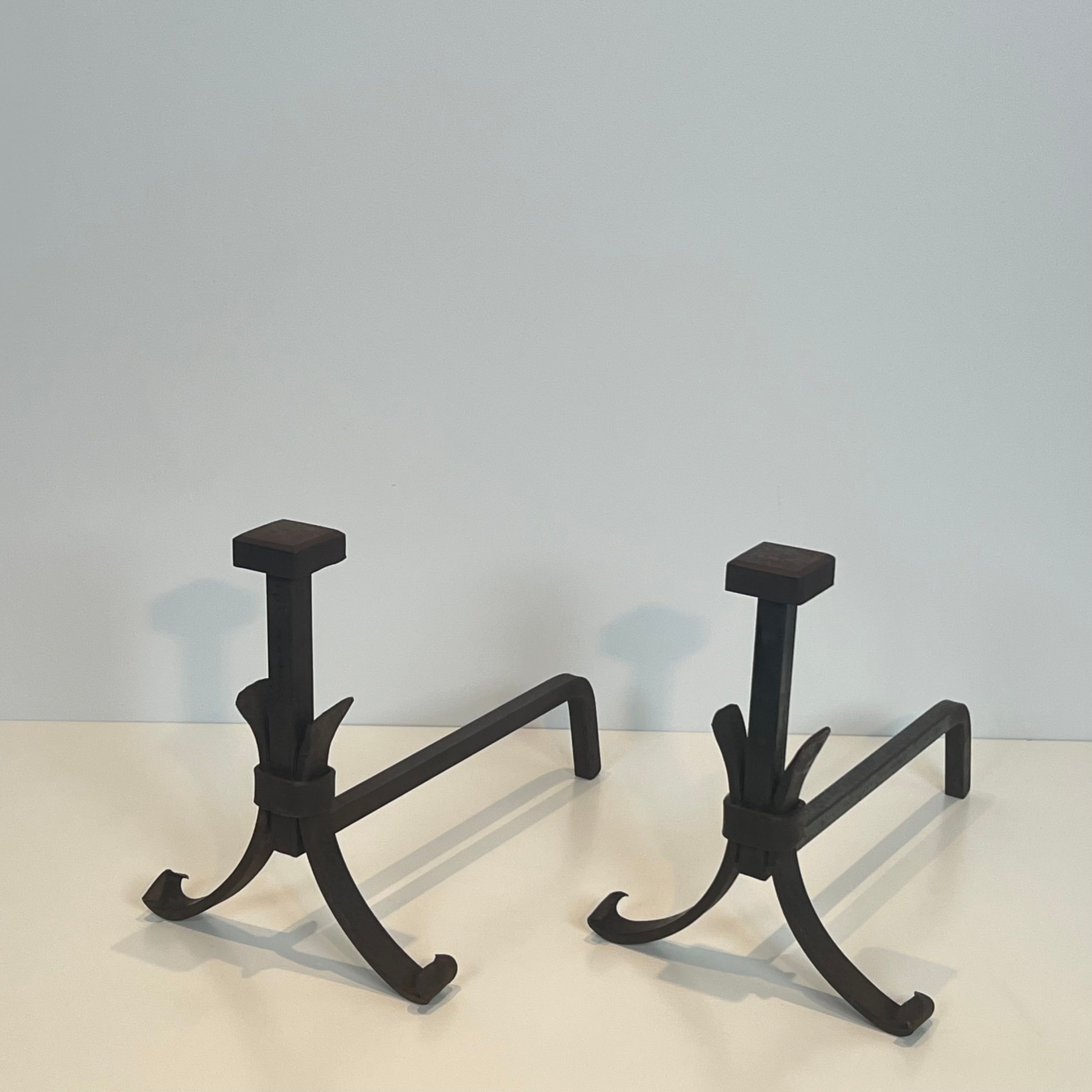 Pair of modernist wrought iron fire dogs