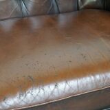 Dark brown flamed cowhide English 2.5 seater Chesterfield sofa