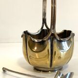silver metal sugar bowl with gold patina