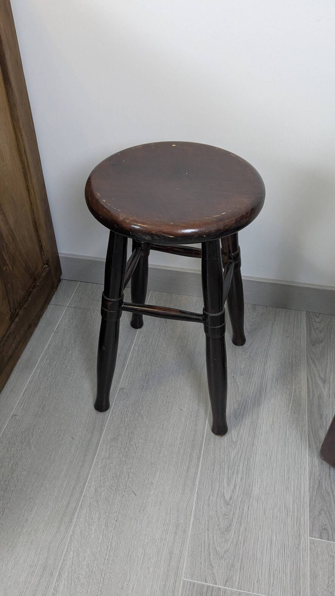 Old turned wooden bistro stool – dark brown patina