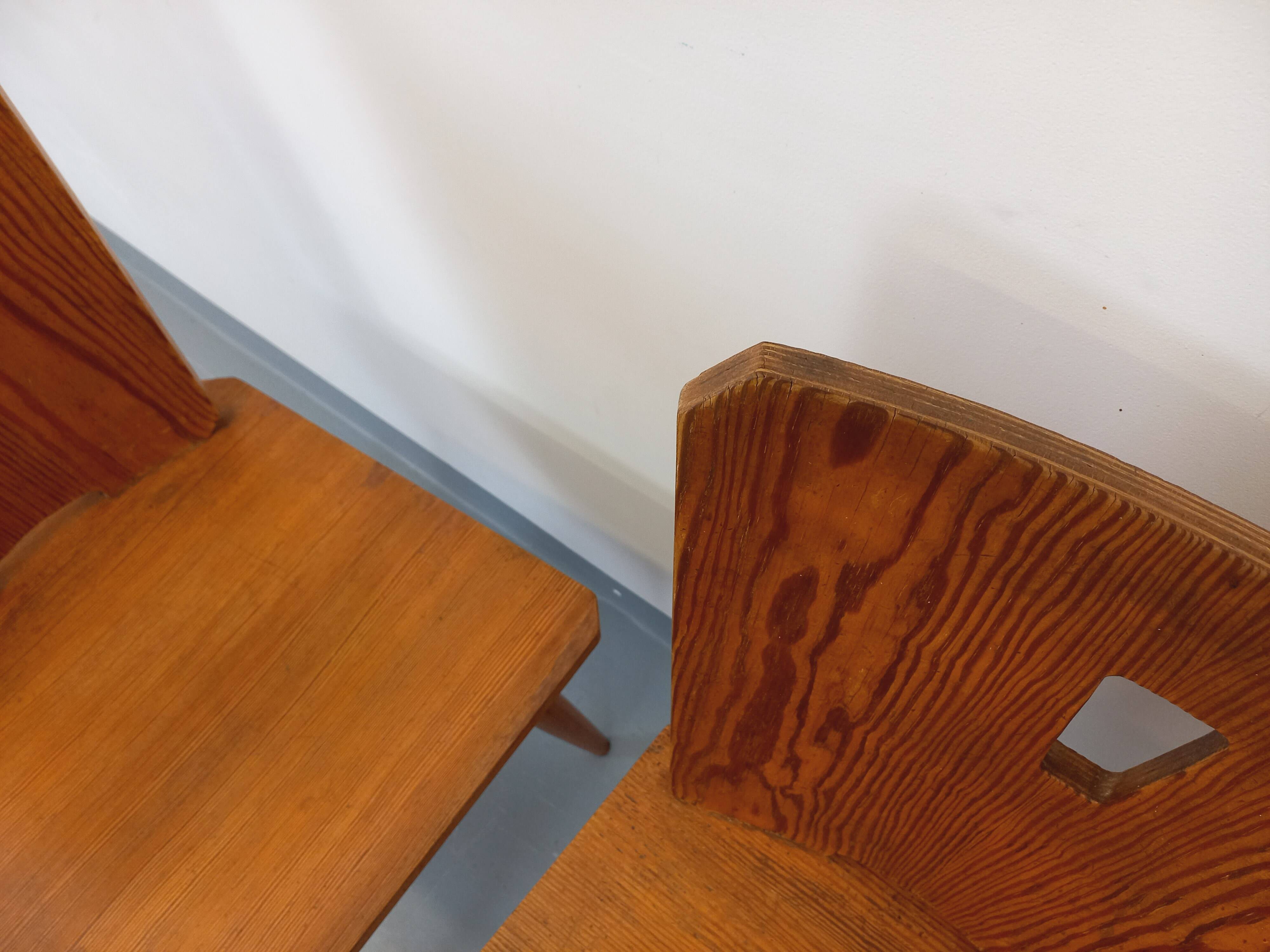 Set of 4 vintage brutalist wooden chairs from the 60s
