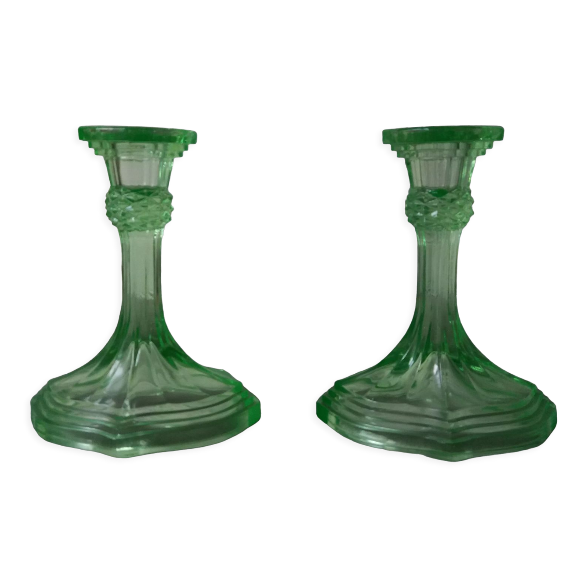 Pair of art deco candlesticks in molded pressed glass