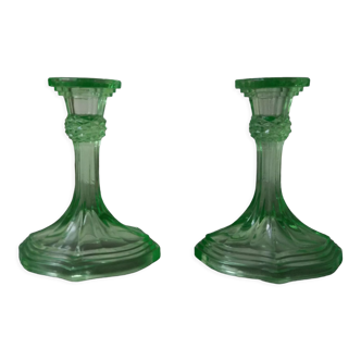 Pair of art deco candlesticks in molded pressed glass