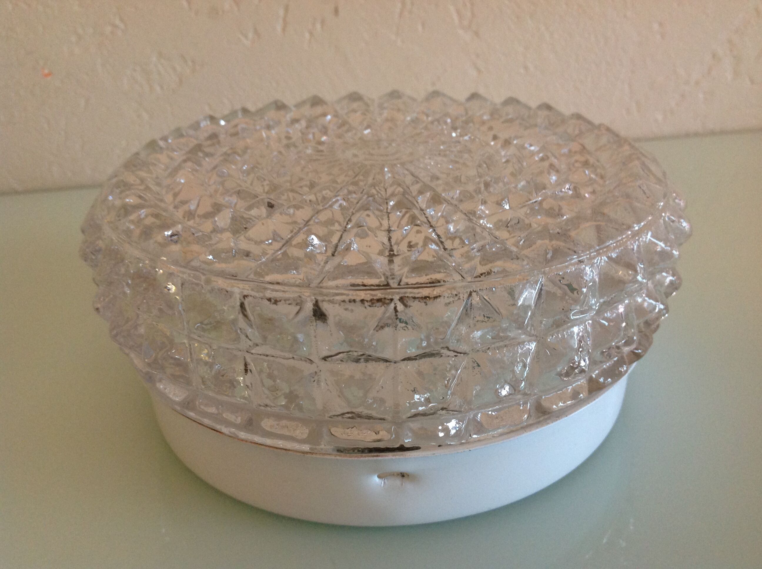 Round ceiling lamp in structured glass vintage 60s-70s
