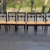 6 dining chairs made of solid mahogany in Regency style with yellow fabric.