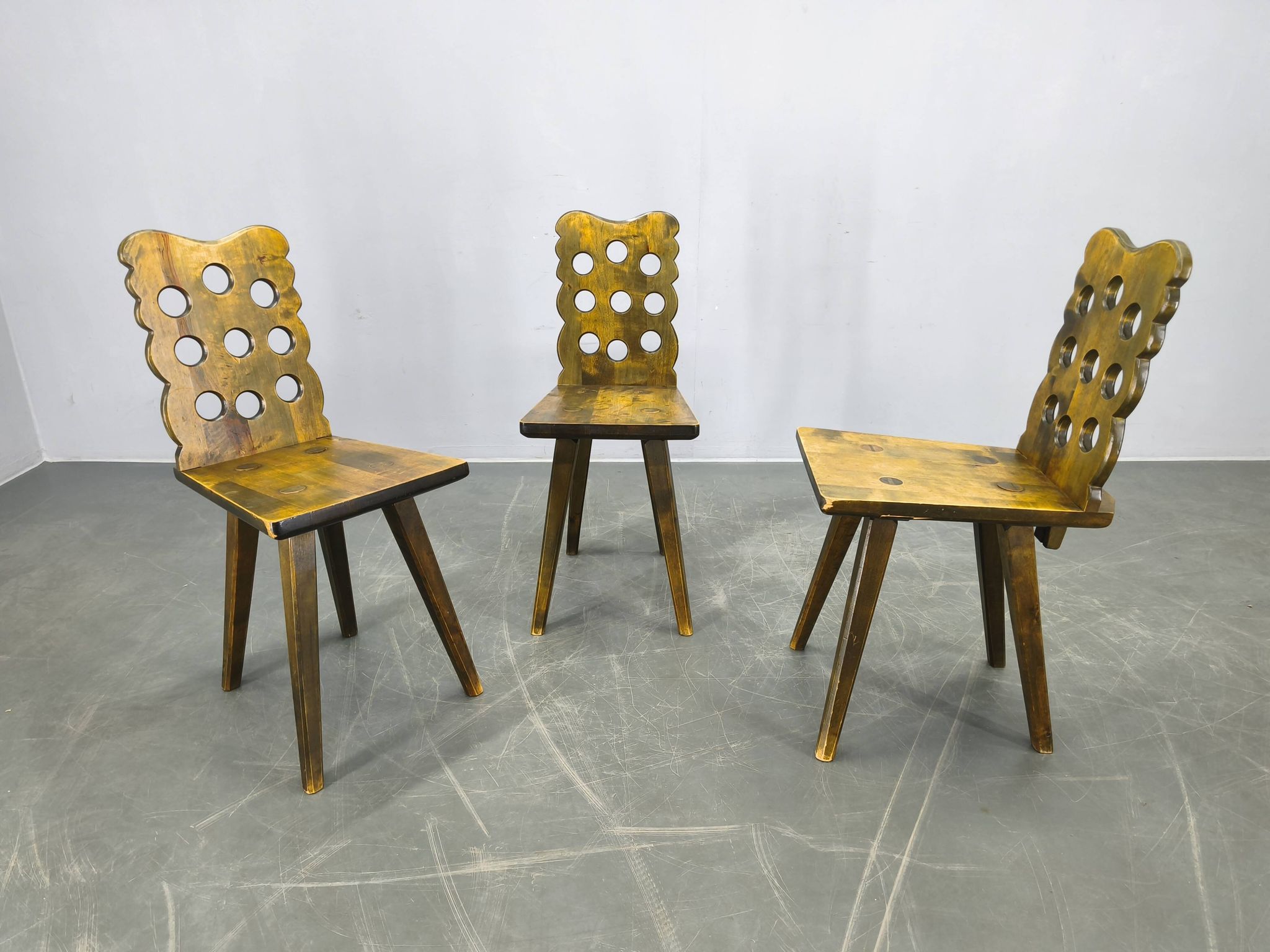 Set of 3 Brutalist Wooden Chairs, Czechoslovakia, 1950s
