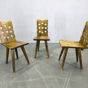 Set of 3 Brutalist Wooden Chairs, Czechoslovakia, 1950s