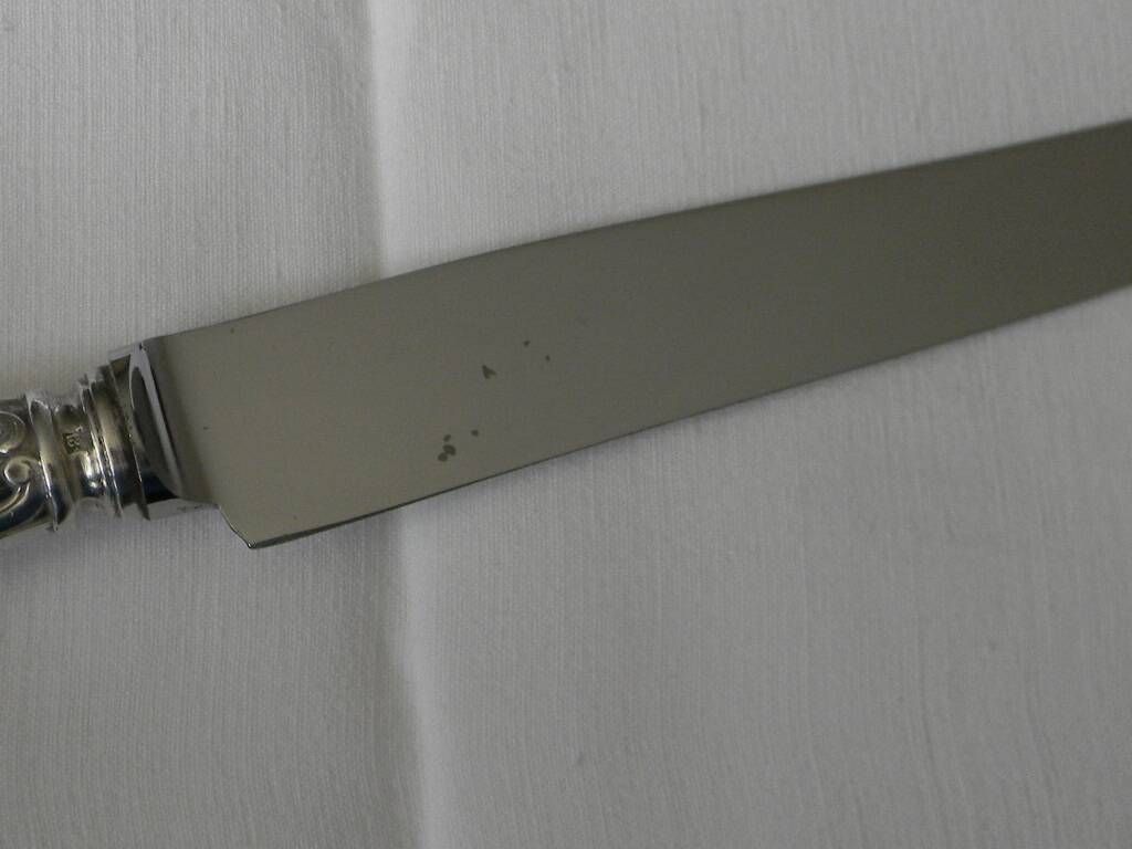 Set of 12 knives with silver metal handles and stainless steel blades.