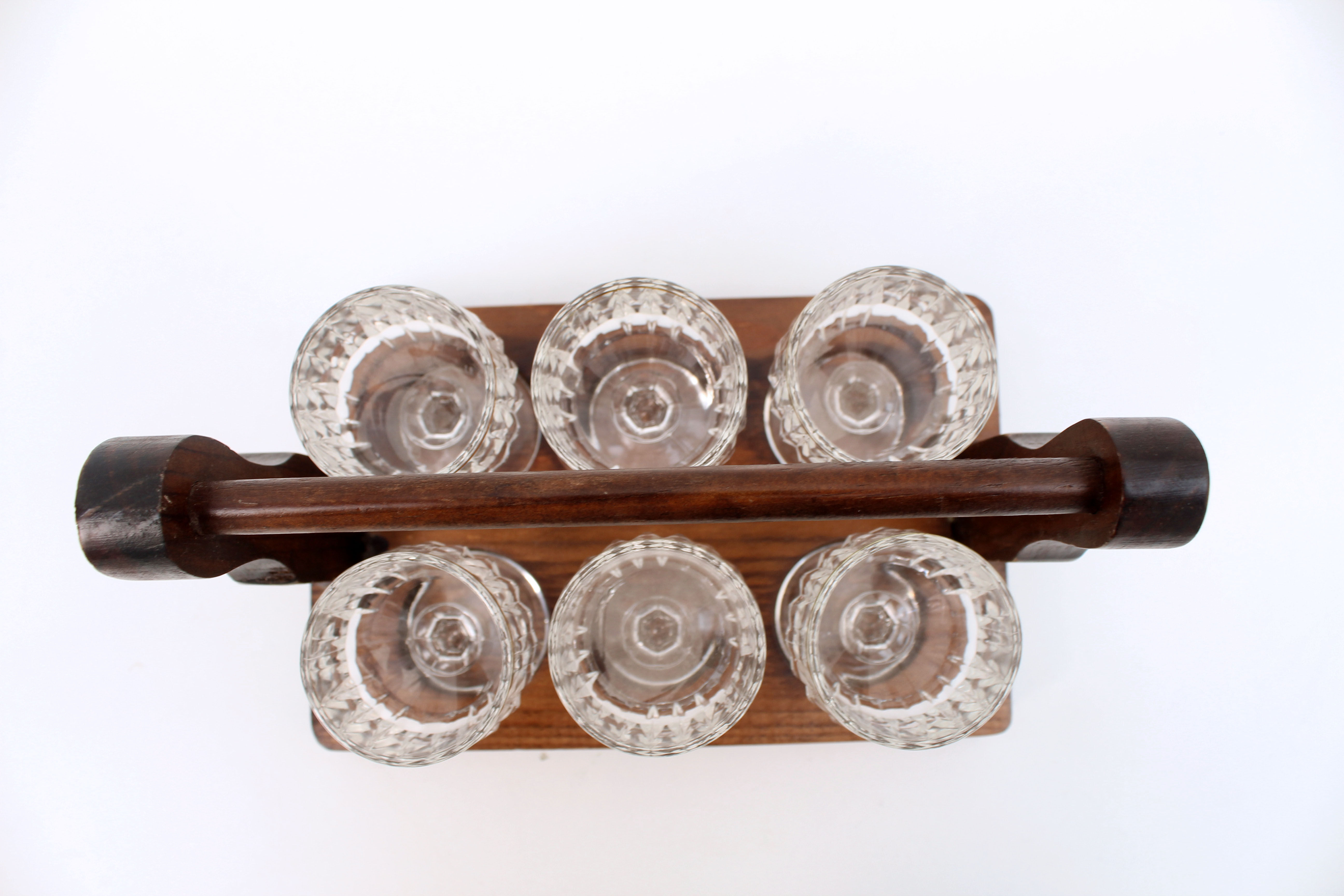 Vintage 6 liquor glasses and wood carrying tray