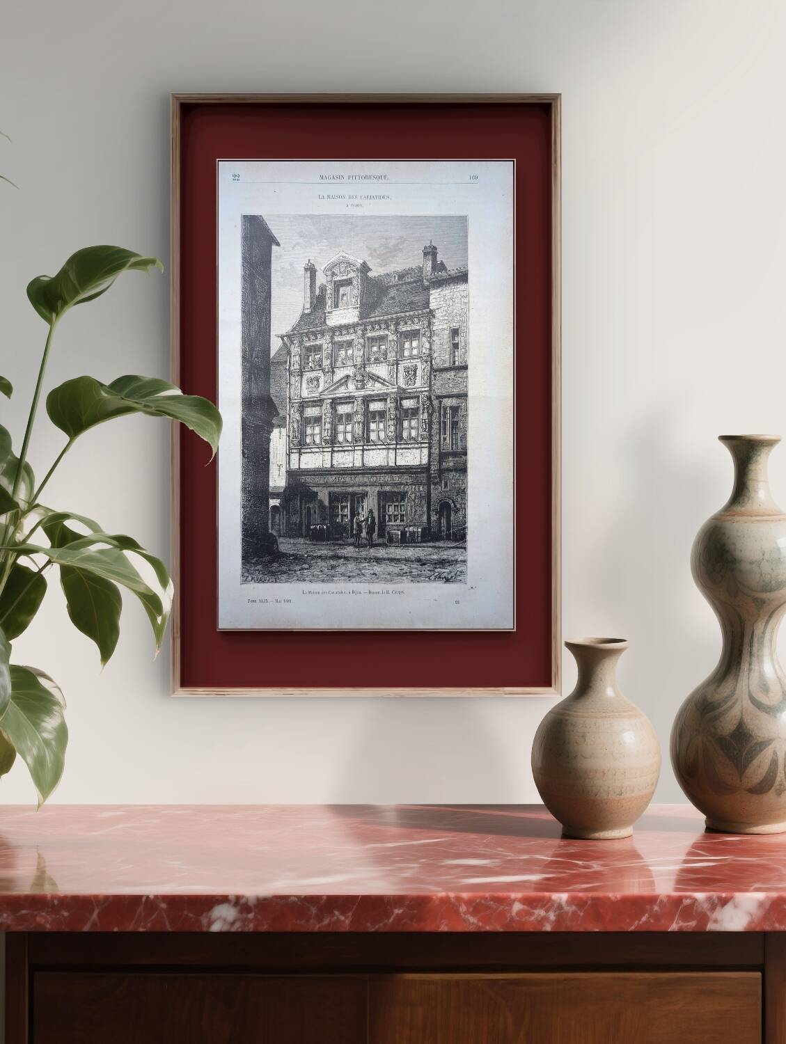 Gravure Vintage Dijon, la maison des Cariatides. 1881