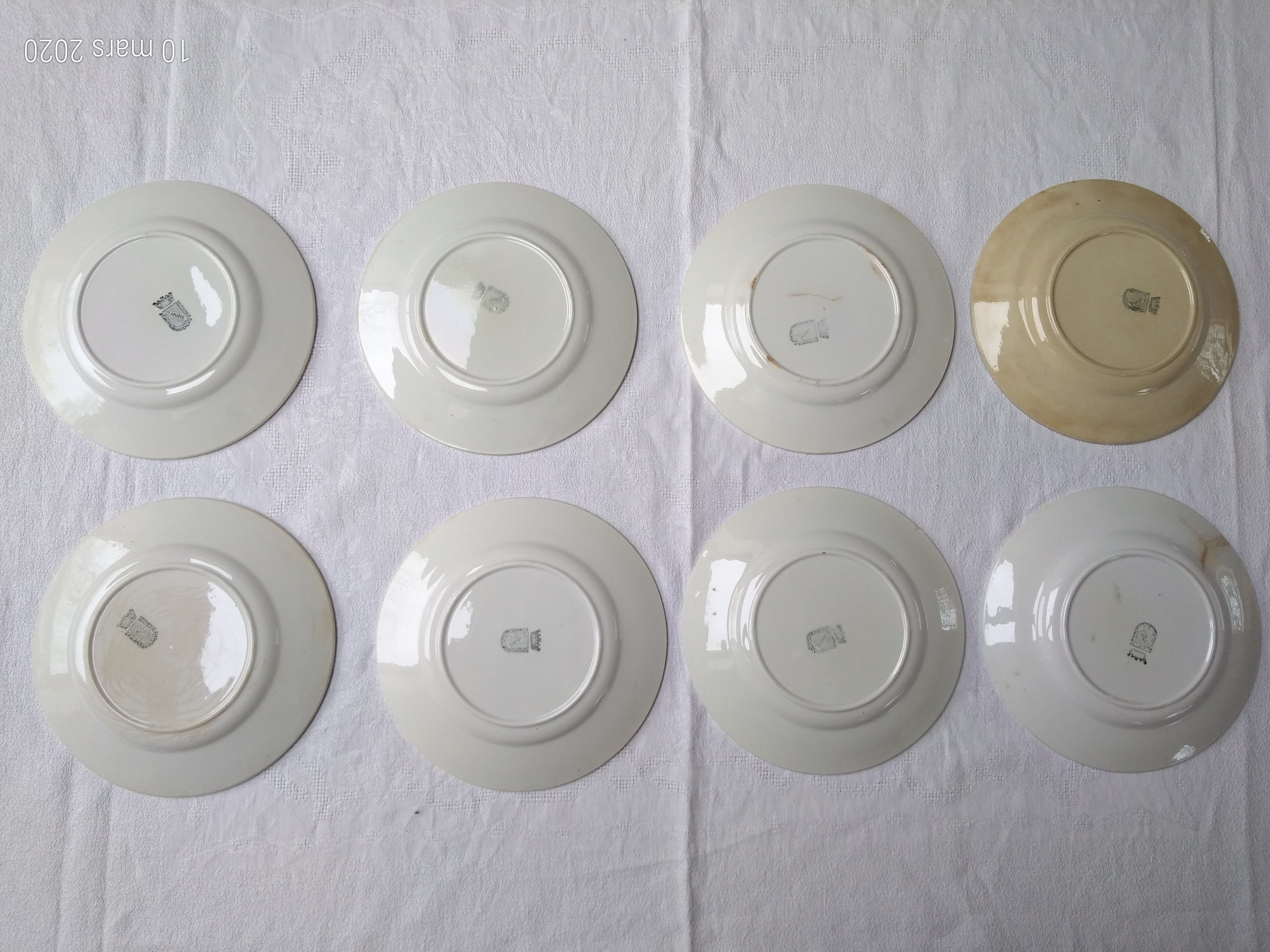 8 assiettes barbotine 2 décors, groseilles, framboises