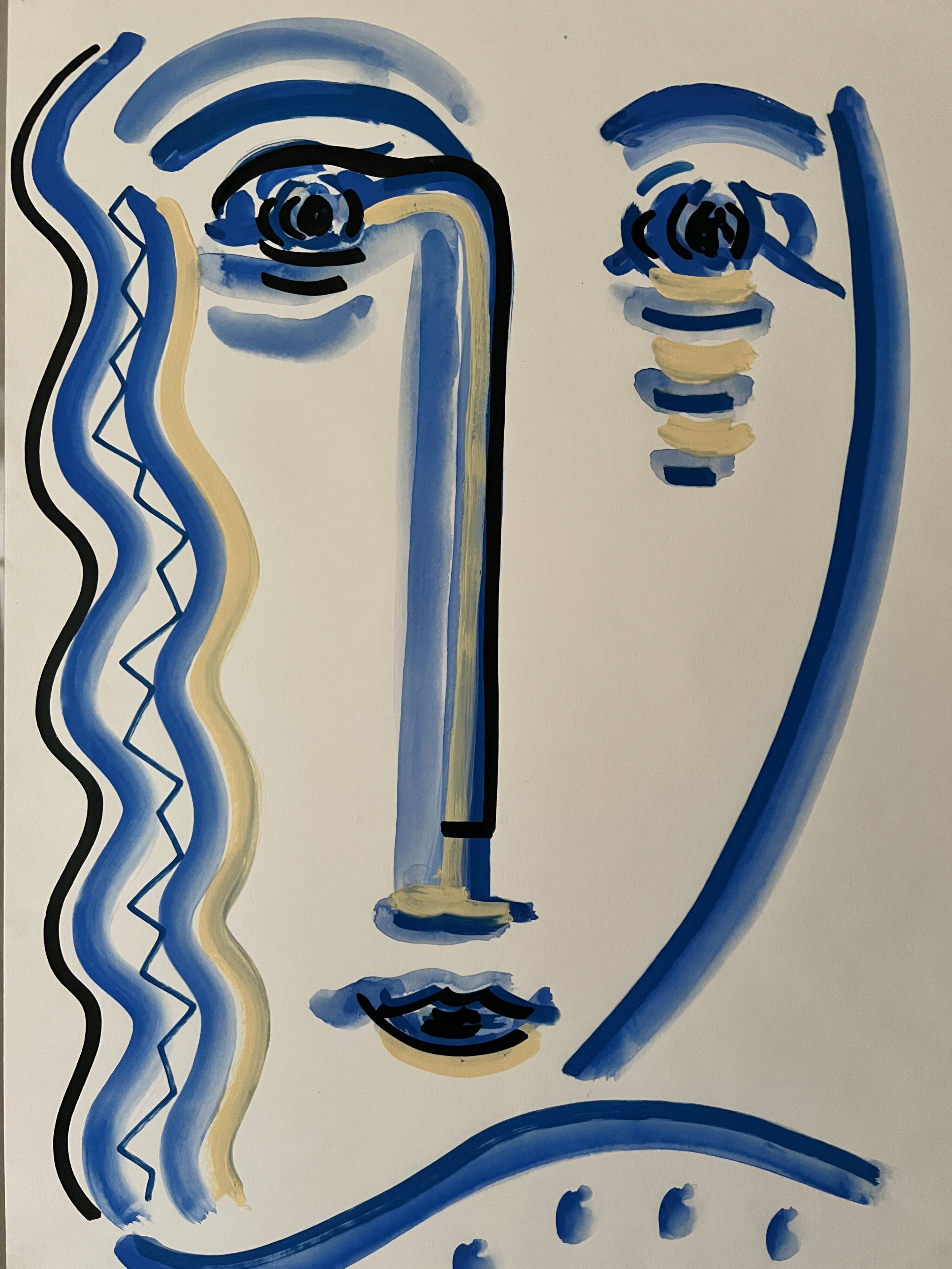 Cubist composition in blue, Vallauris style, signed Blasos.