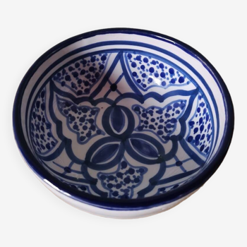 Small vintage oriental artisanal bowl blue geometric pattern