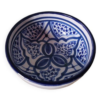 Small vintage oriental artisanal bowl blue geometric pattern