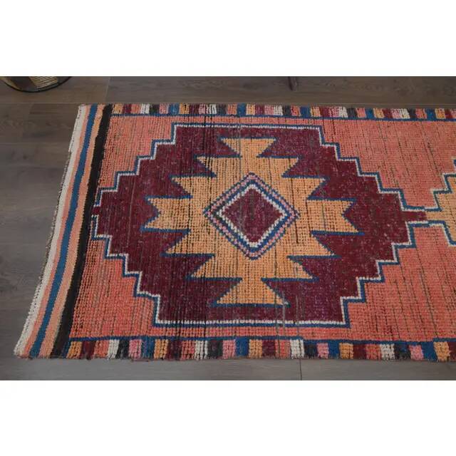 1970s Vintage Turkish Oushak Handmade Wool Cotton Pink Runner Rug 90x317