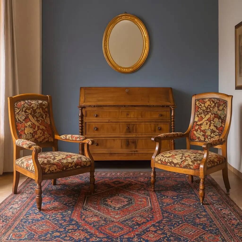Antique walnut, maple, and fabric armchairs, Italy, late 19th century.