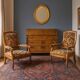 Antique walnut, maple, and fabric armchairs, Italy, late 19th century.