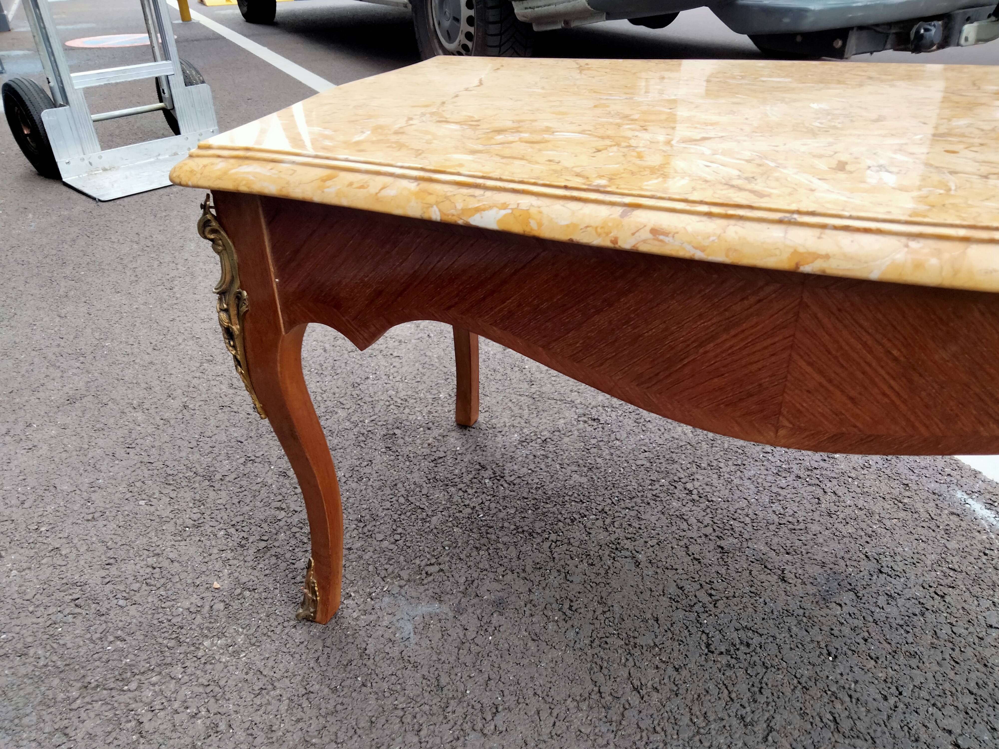 Old coffee table marquetry style louis xv marble top