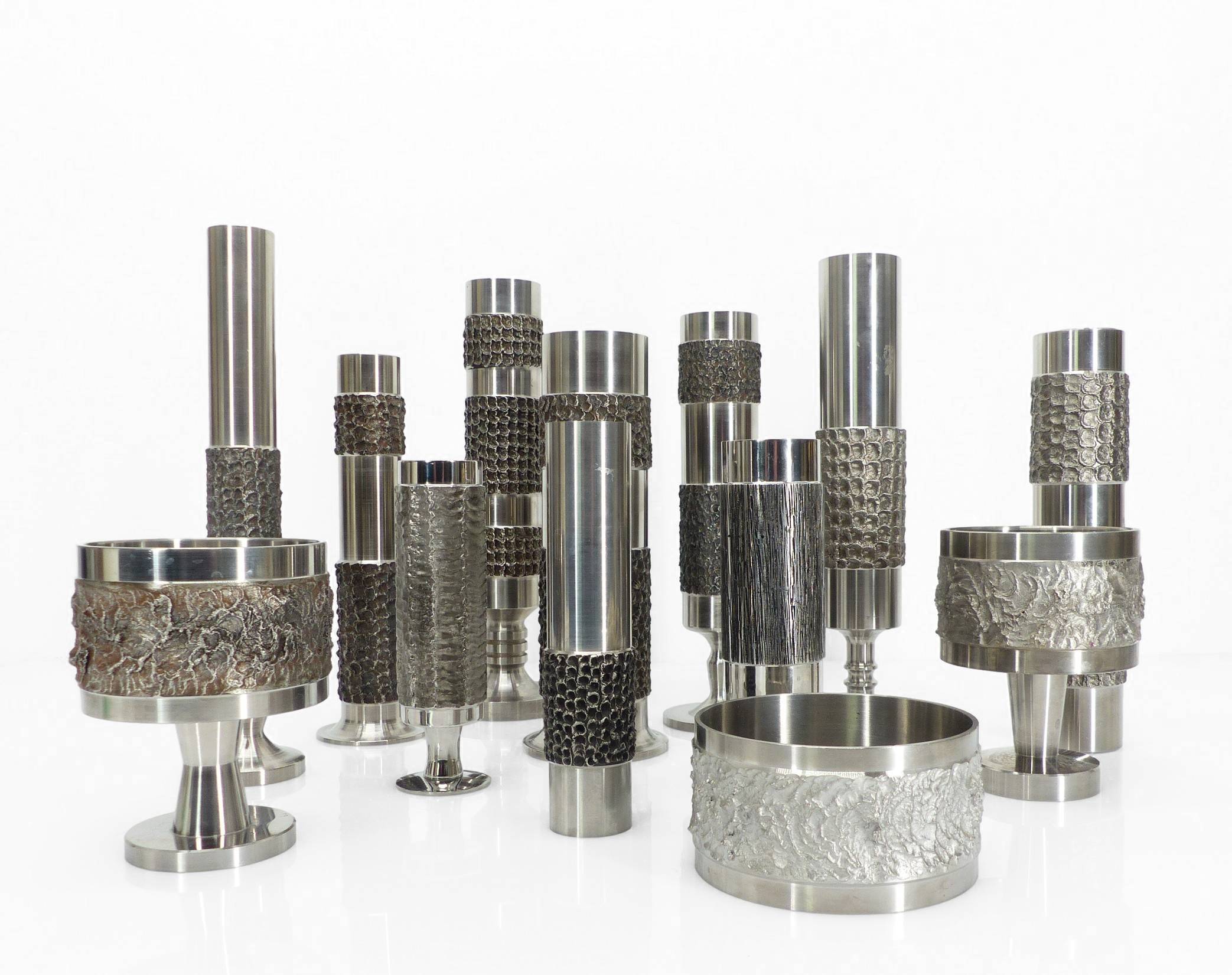 Set of 13 brutalist Space Age vases in steel – BMF, Germany, circa 1970