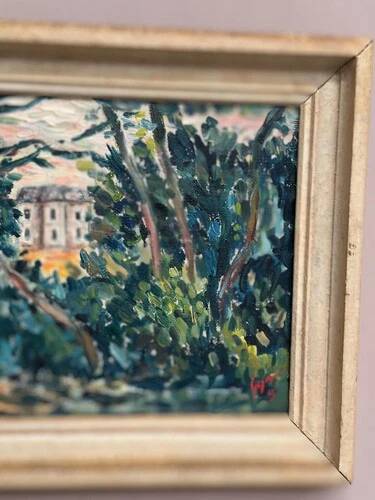 Original Swedish Oil on Panel "Houses in the Trees" Signed & Framed
