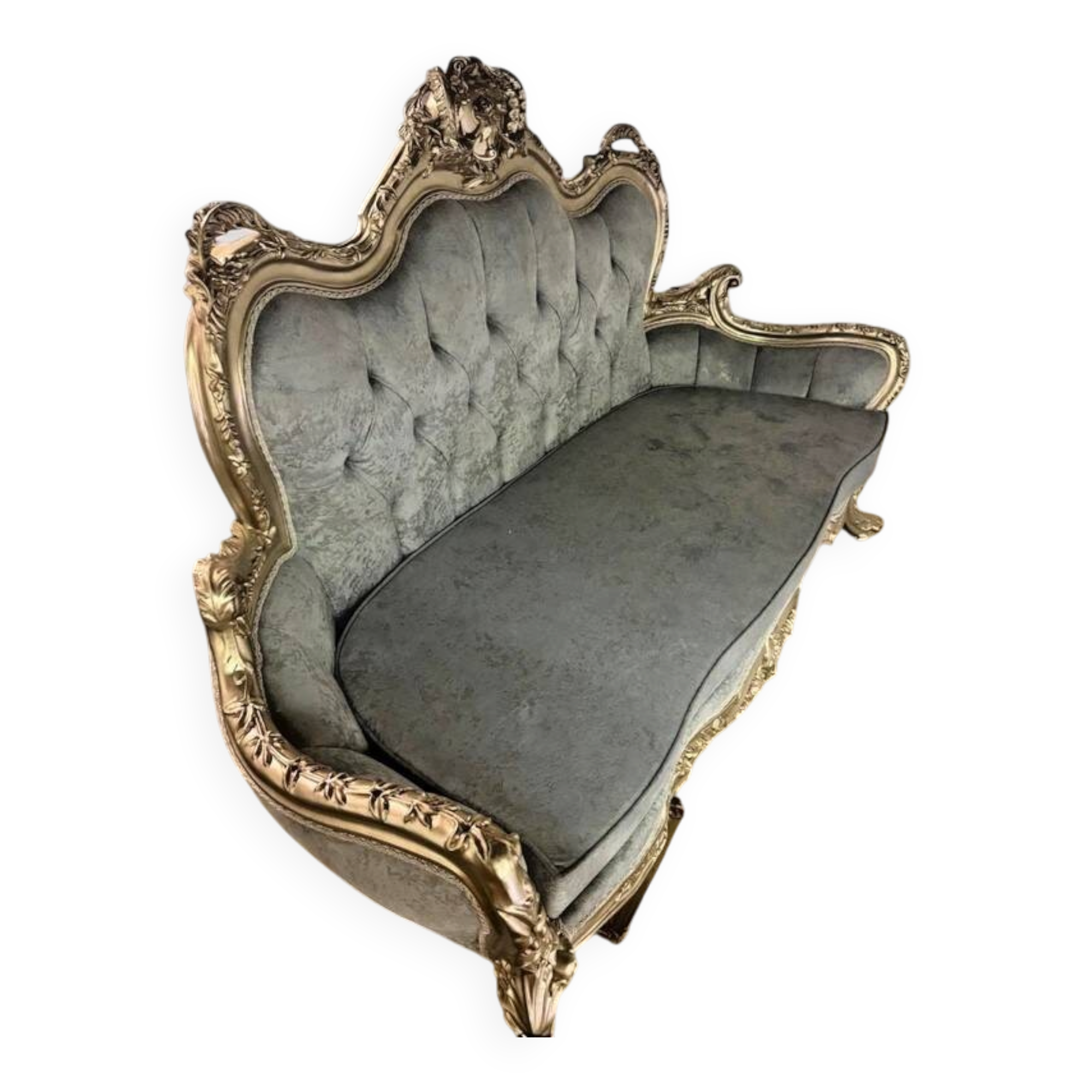 A soft light blue and silver tufted beech wood sofa in Louis style.