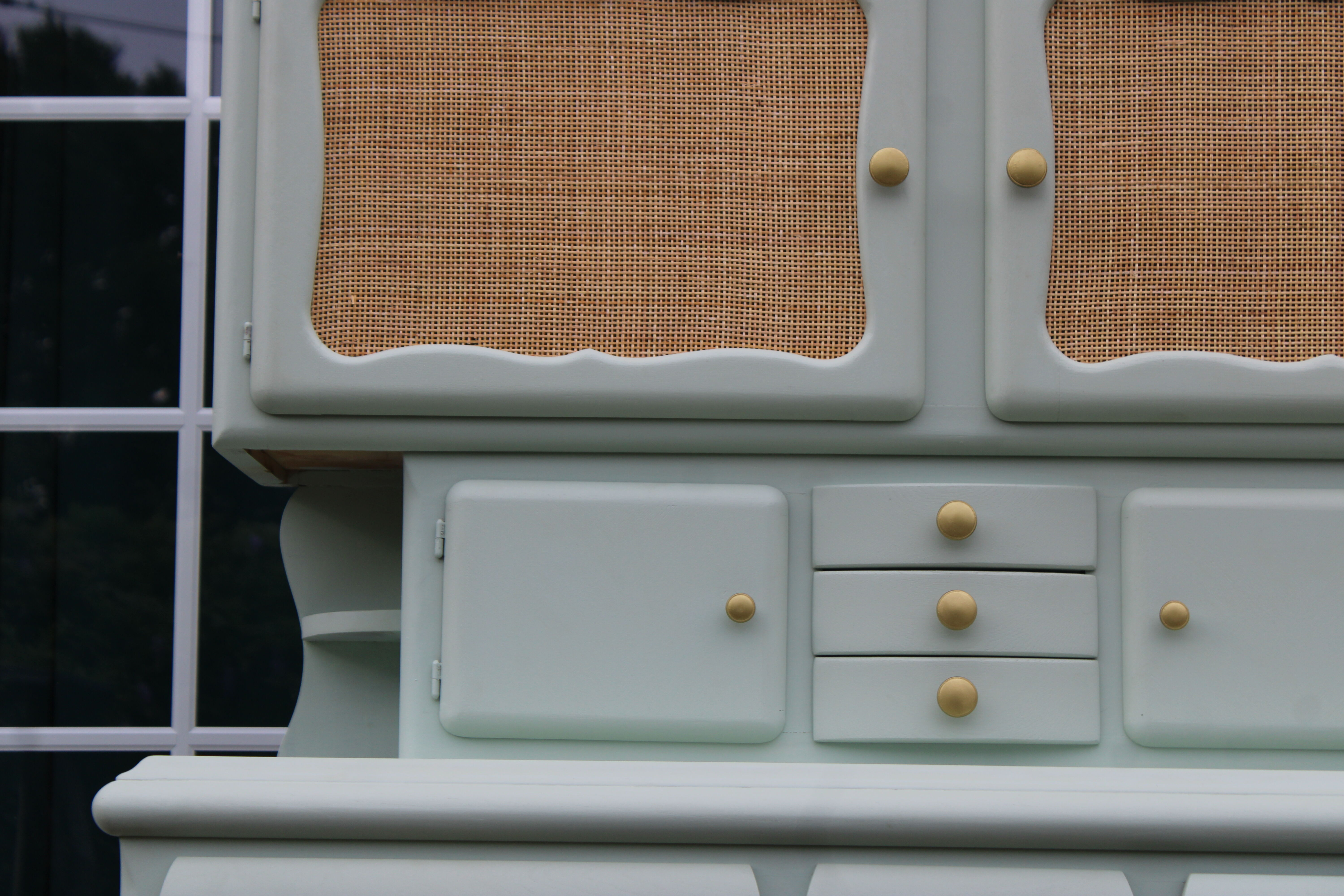 Renovated vintage Mado sideboard – Celadon green & natural cane