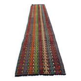 Ancien coureur de kilim turc 377x77 cm, usé, vintage kelim rouge noir 2492