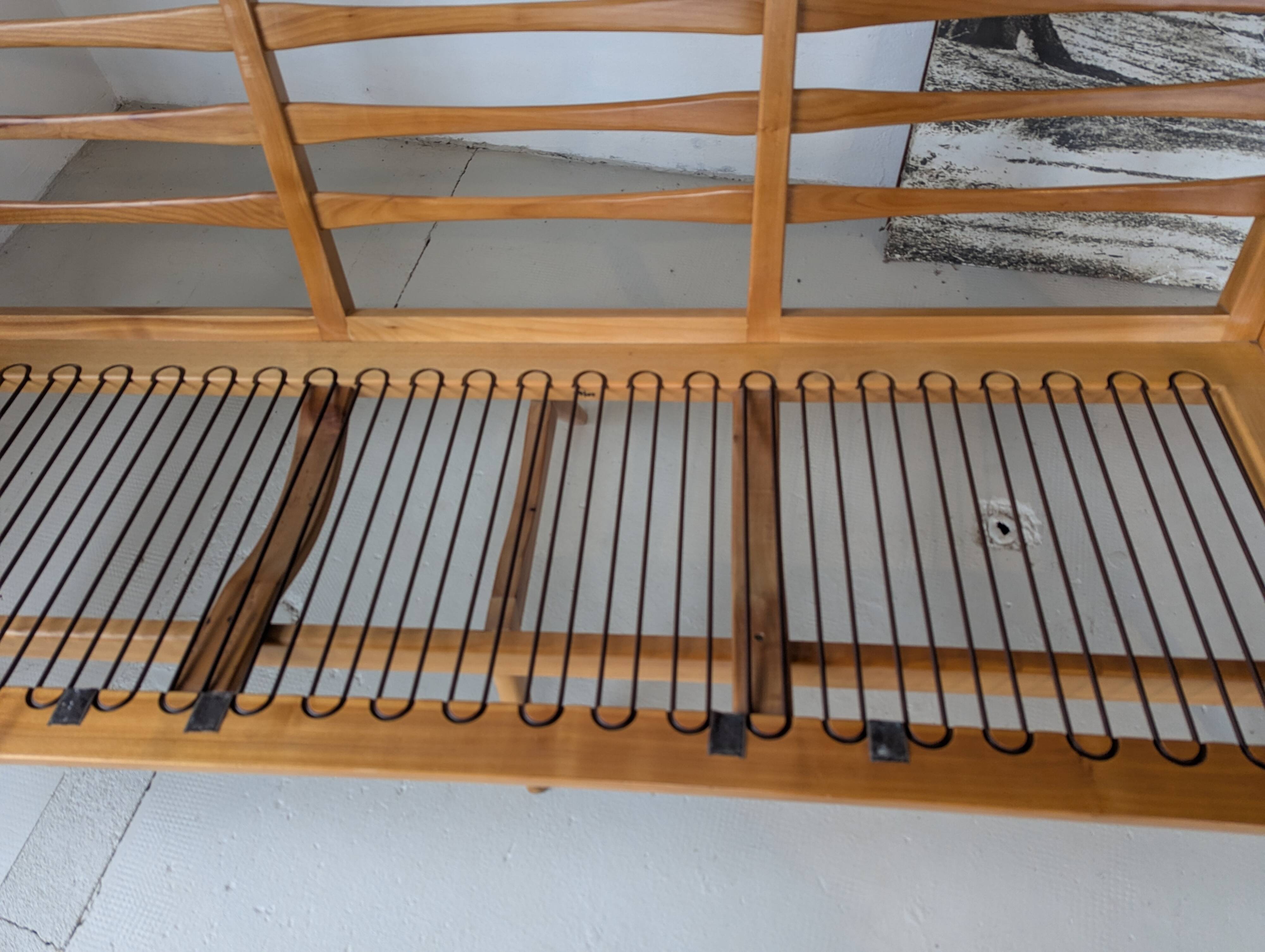 Banquette velours et bois clair, scandinave vers 1960/70