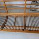 Banquette velours et bois clair, scandinave vers 1960/70