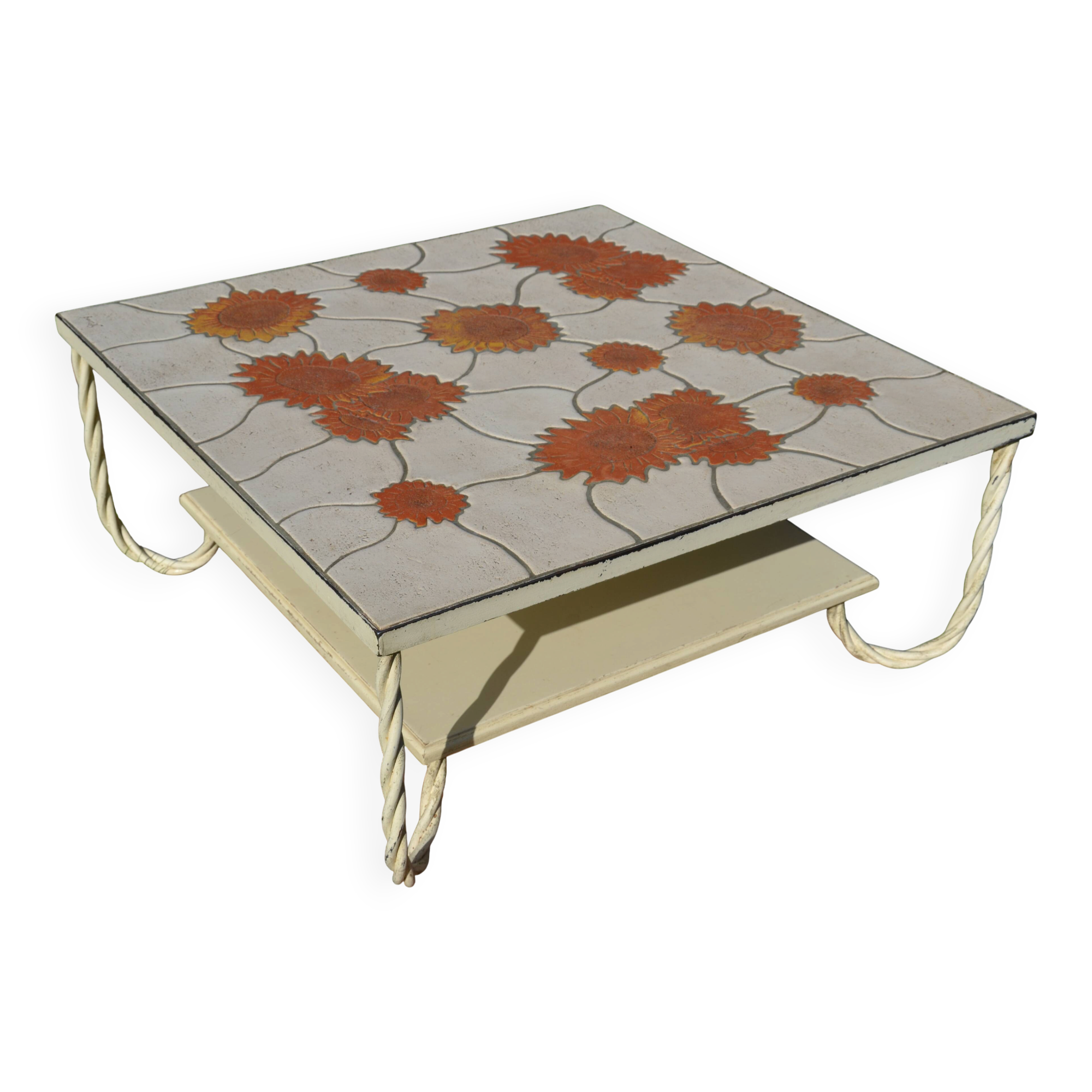 Ceramic coffee table Vallauris "Sunflower" signed Barrois