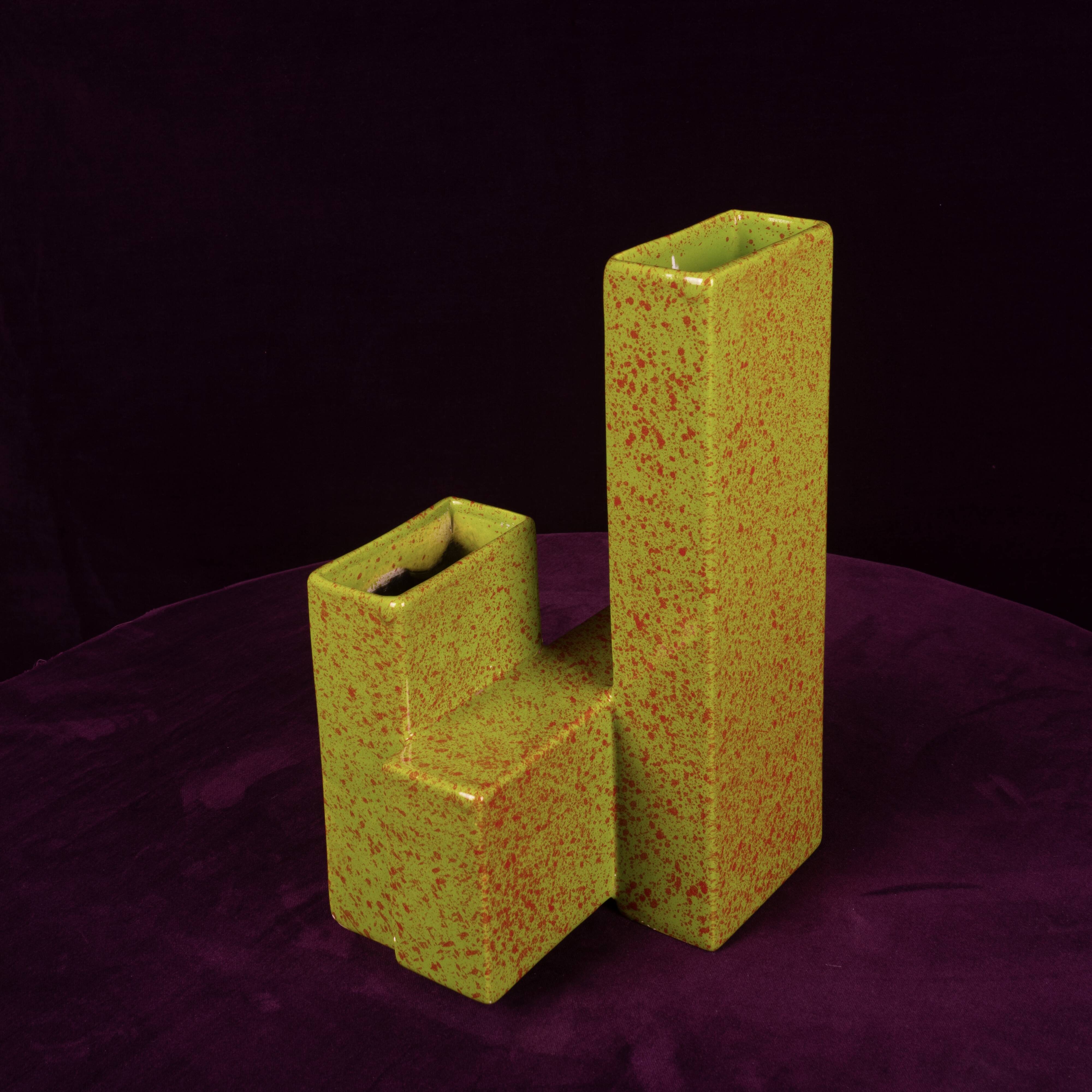 Geometric Twin-Column Ceramic Vase Space Age, Italy 1970